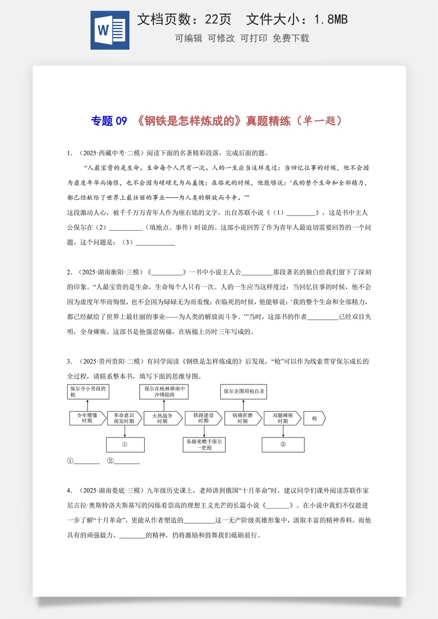 初中-语文-中考语文-名著阅读-专题09 《钢铁是怎样炼成的》真题精练（单一题）（学生版）.docx